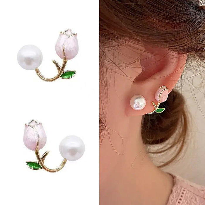 Gold Pink Tulip Pearl Ear Jacket Stud Earrings Green Leaf