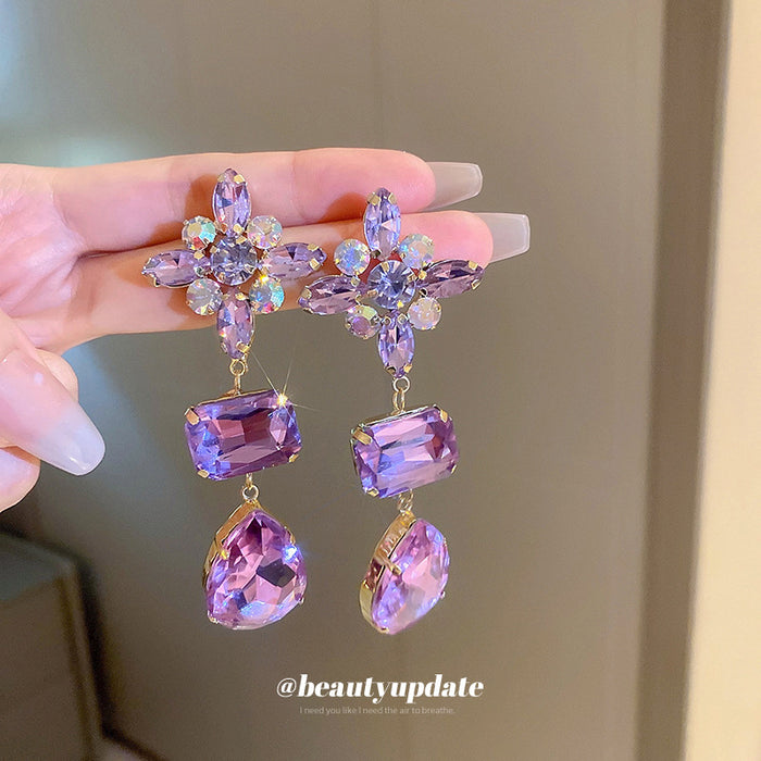 Purple Crystal Floral Teardrop Earrings With Polished Metal Tone Details
