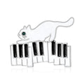 Enamel Cat on Piano Keyboard Brooch Black and White view 2