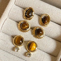 Brown Oval and Round Cabochon Gold Tone Stud Earrings view 1