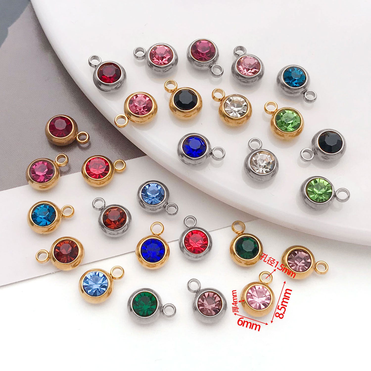 Stainless Steel Color Rhinestone Birthstone Zodiac charm pendants for DIY necklaces bracelets
