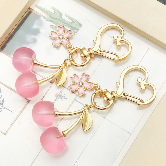 Pink Cherry Strawberry and Blossom Metal Clasp Keychain Set