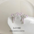 Silver Tone Lavender Ribbon Bow Clear Stone Flower Stud Earrings view 6