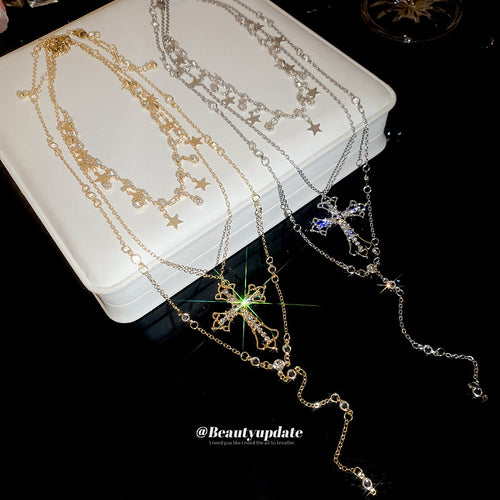 Layered Star and Cross Pendant Necklace Set with Polished Details in supplied detail view 2
