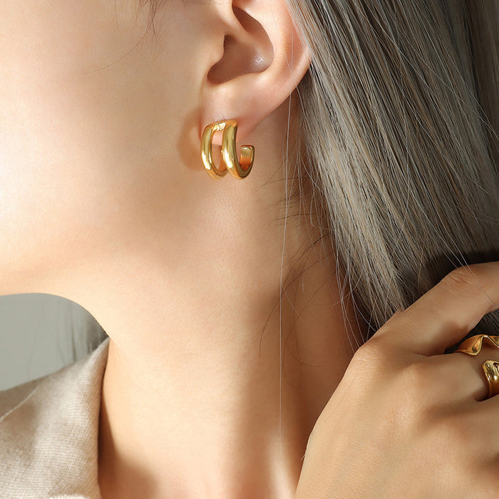 Double C-Shape Dual Band Stud Hoop Earrings Gold Steel