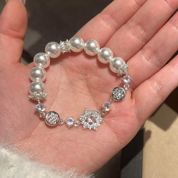 Silver Tone Floral Pearl Beaded Stretch Bracelet With Crystals