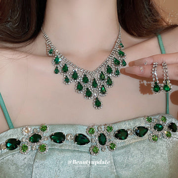 Layered Teardrop Crystal Necklace And Earring Set In Green Or Champagne