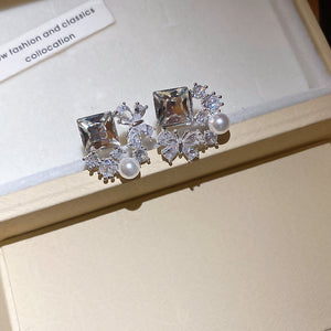 Square Crystal Flower and Pearl Stud Earrings Statement Jewelry
