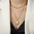 Gold Double Layer Paperclip Box Chain Faux Pearl Pendant Necklace view 6