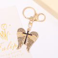 Rhinestone Angel Wings Cross Metal Keychain Gold Clip view 1