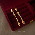 Gold Tone Red Diamond Shape Ornamental Long Drop Stud Earrings view 4