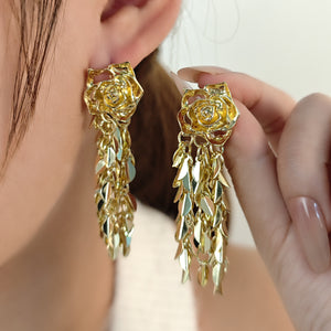 Rose and Leaf Fringe Drop Earrings in Gold-Tone or Silver-Tone Alloy