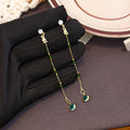 Green Bead and Teardrop Gold Tone Extra Long Earrings view 2