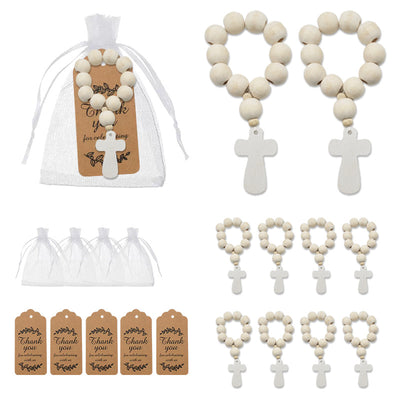 White wooden bead cross pendants displayed individually and with organza bags and thank-you tags.