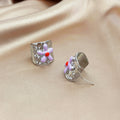 Silver Hammered Square Stud Earrings Enamel Daisy Flower Centers view 4