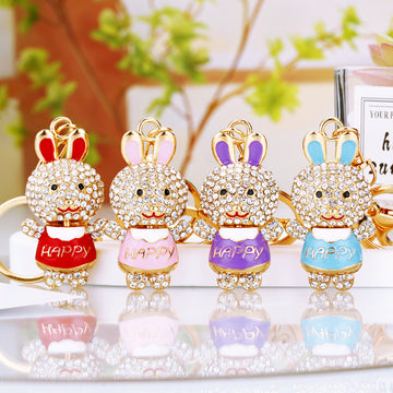Jeweled Happy Shirt Rabbit Keychain in Multiple Pictured Colors