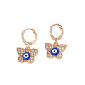 Gold Tone Crystal Blue Evil Eye Huggie Earrings in Three Shapes view 5