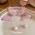 Pink Fabric Butterfly Pearl Drop Earrings Fashion Jewelry Accessory view 4