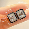 Silver Tone Black Enamel Emerald Cut Stud Earrings view 4