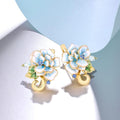 Gold Tone Blue Flower Stud Earrings with Layered Petals view 2