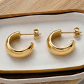 Polished C Shape Thick Mini Hoop Stud Earrings Gold Steel view 1