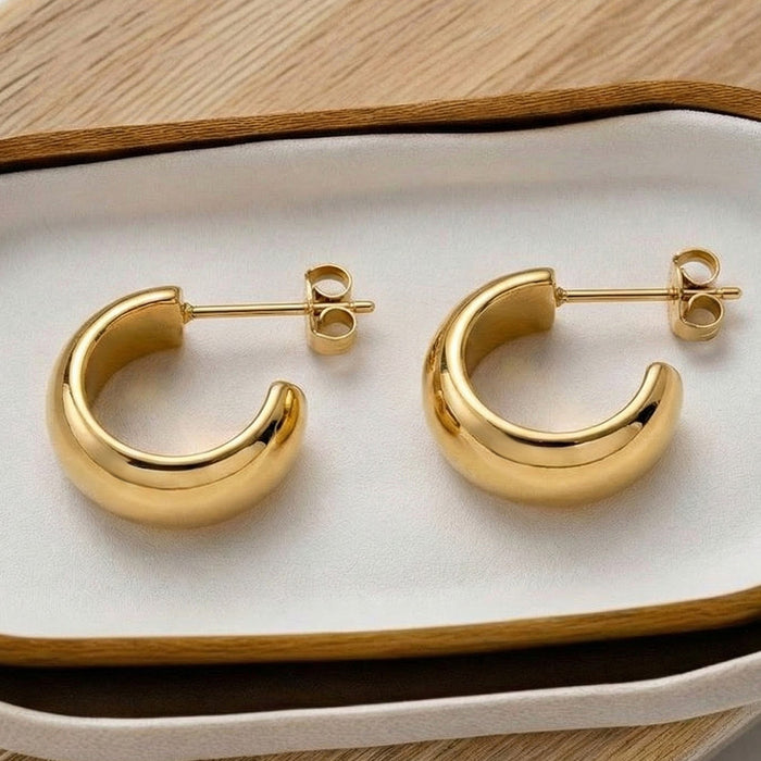 Polished C Shape Thick Mini Hoop Stud Earrings Gold Steel
