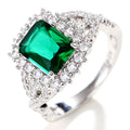Green Rectangular Stone Floral Halo Ring In Polished Silver Tone view 2