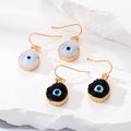 Gold Tone Round Druzy Blue Evil Eye Hook Earrings in Black and White view 1