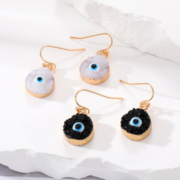 Gold Tone Round Blue Evil Eye Hook Earrings in Black or White