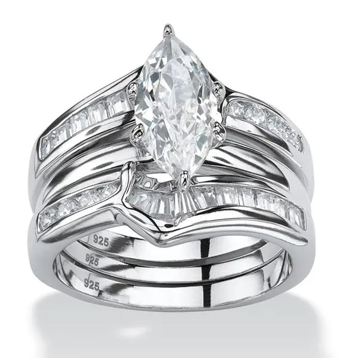 Marquise Clear Solitaire Baguette Three-Ring Set Silver Tone