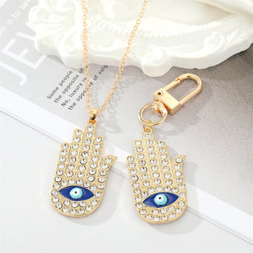 Gold Tone Crystal Hamsa Eye Necklace and Clip Keychain Options