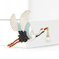 Gold Enamel Red Crowned Crane Brooch Pearl Drop Pin view 2