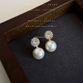 Gold Tone Clear Halo White Pearl Drop Stud Earrings view 4