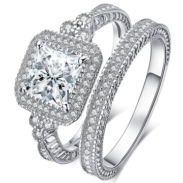 Silver-Tone Two-Piece Square Halo Ring Set with Clear Stone Details