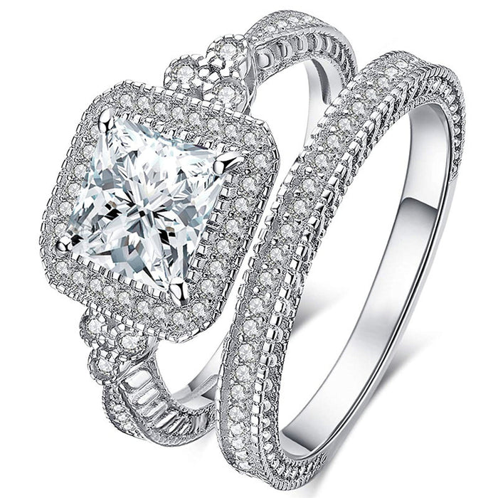 Silver-Tone Two-Piece Square Halo Ring Set with Clear Stone Details