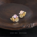 Gold Tone Butterfly Daisy And Pink Purple Round Stone Stud Earrings view 6