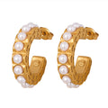 Faux Pearl Lined C Hoop Earrings Gold Steel Tone Pair view 5