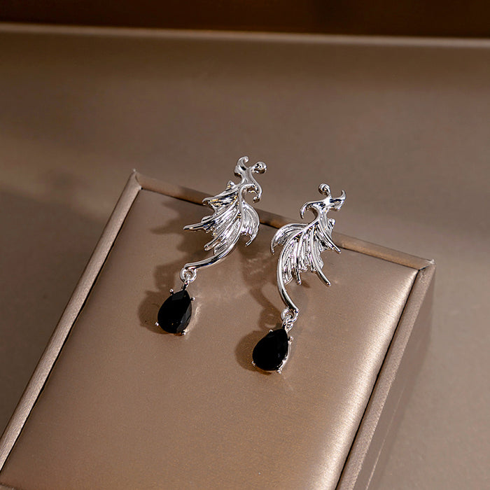 Silver Winged Bat and Black Teardrop Stud Earrings