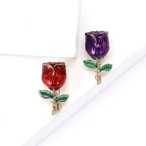 Mini Enamel Rose Flower Brooch with Gold-Tone Stem, Red or Purple