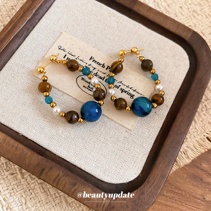 Blue and Brown Beaded Hoop Drop Earrings with Metal Tone Details
