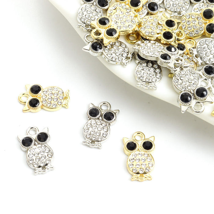 Black Eye Rhinestone Owl Pendant Charms in Two Finishes