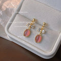 Pink Cat Eye Oval Drop Earrings Gold Tone with CZ Bow view 1