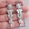 Floral Leaf Clear Stone Long Drop Earrings Metal Jewelry Design view 4