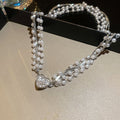 White Pearl and Crystal Heart Layered Necklace with Detailed Finish view 6