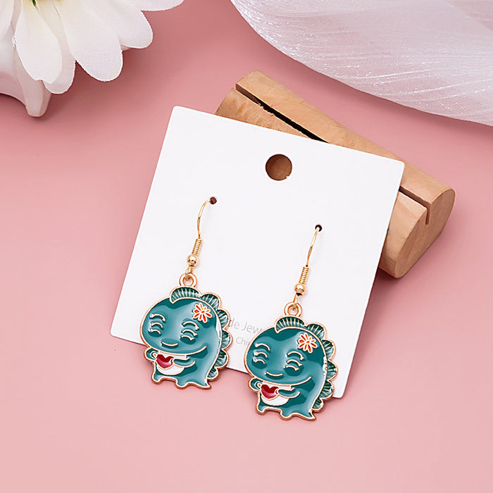 Teal Enamel Dinosaur Hook Earrings Red Heart Flower