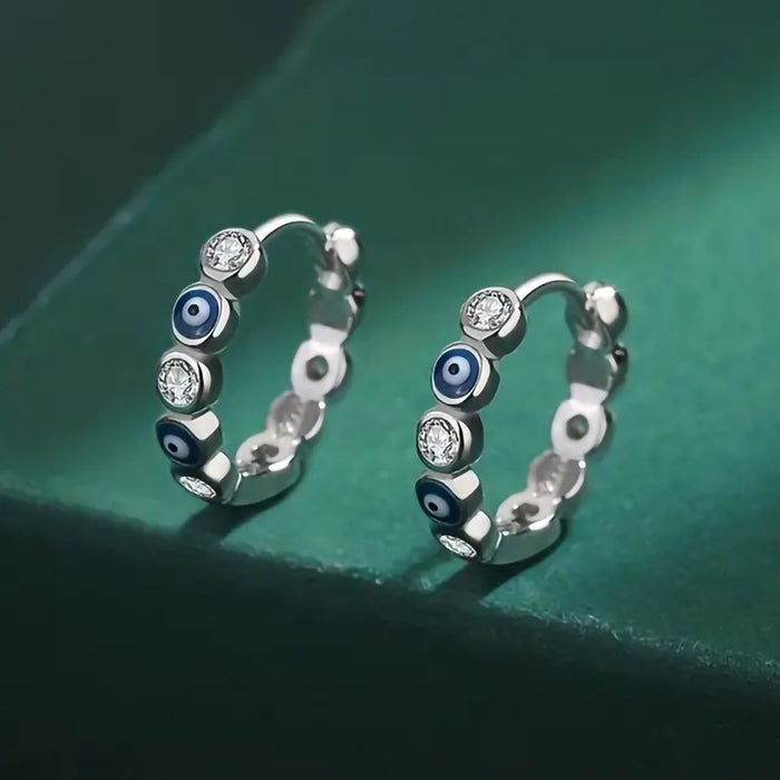 Silver Evil Eye Blue Enamel Clear Stone Huggie Hoops