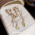 Colorful Floral Crystal Chain Drop Earrings with Black Teardrops view 4