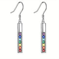 Silver Bar Drop Earrings with Rainbow Round Stones view 5