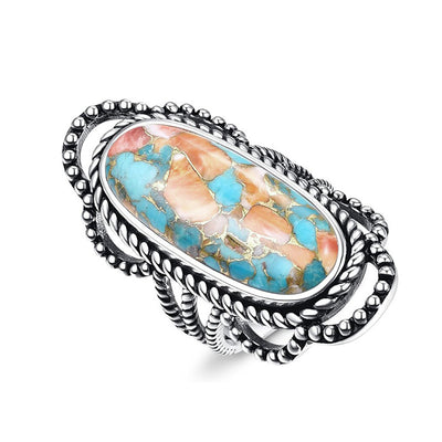 Antique Silver Tone Oval Mosaic Look Statement Ring alternate close-up view