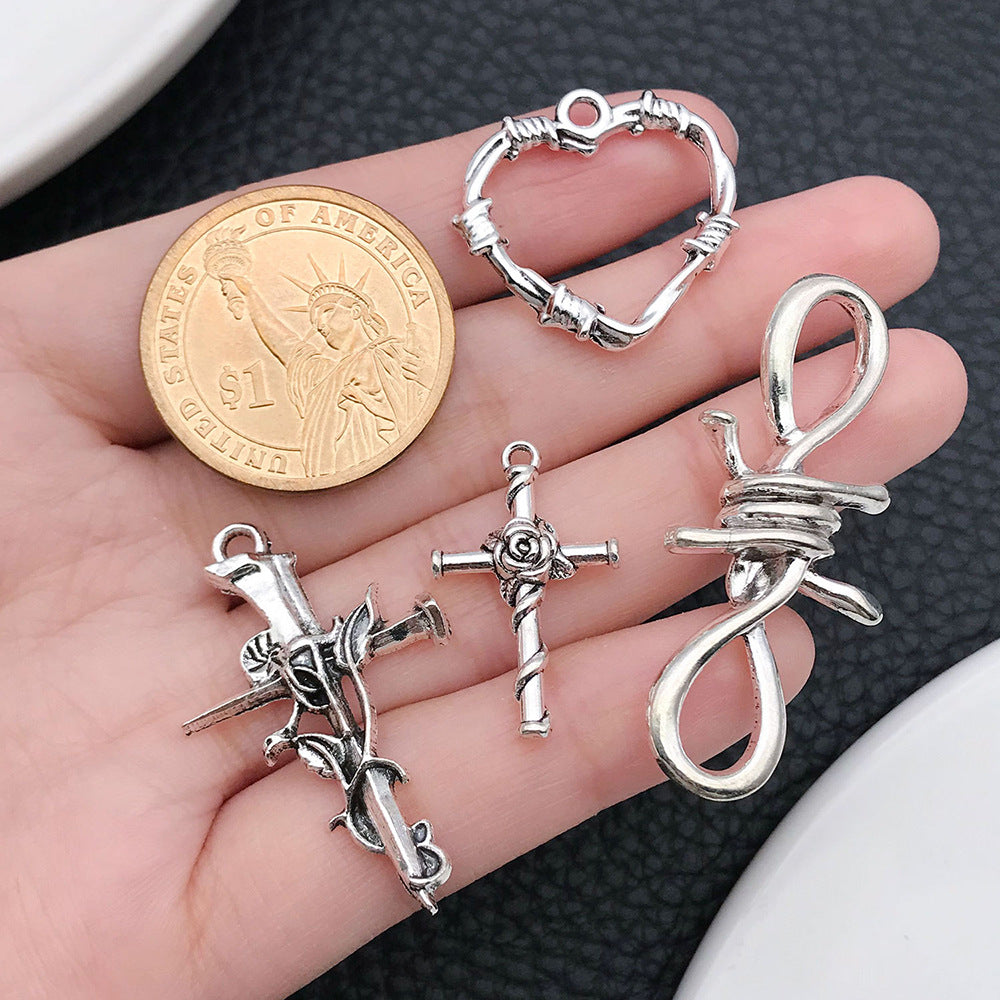 Zinc Alloy Cross Thorn Heart Charm Pendants for DIY Bracelet Necklace Keychain Jewelry